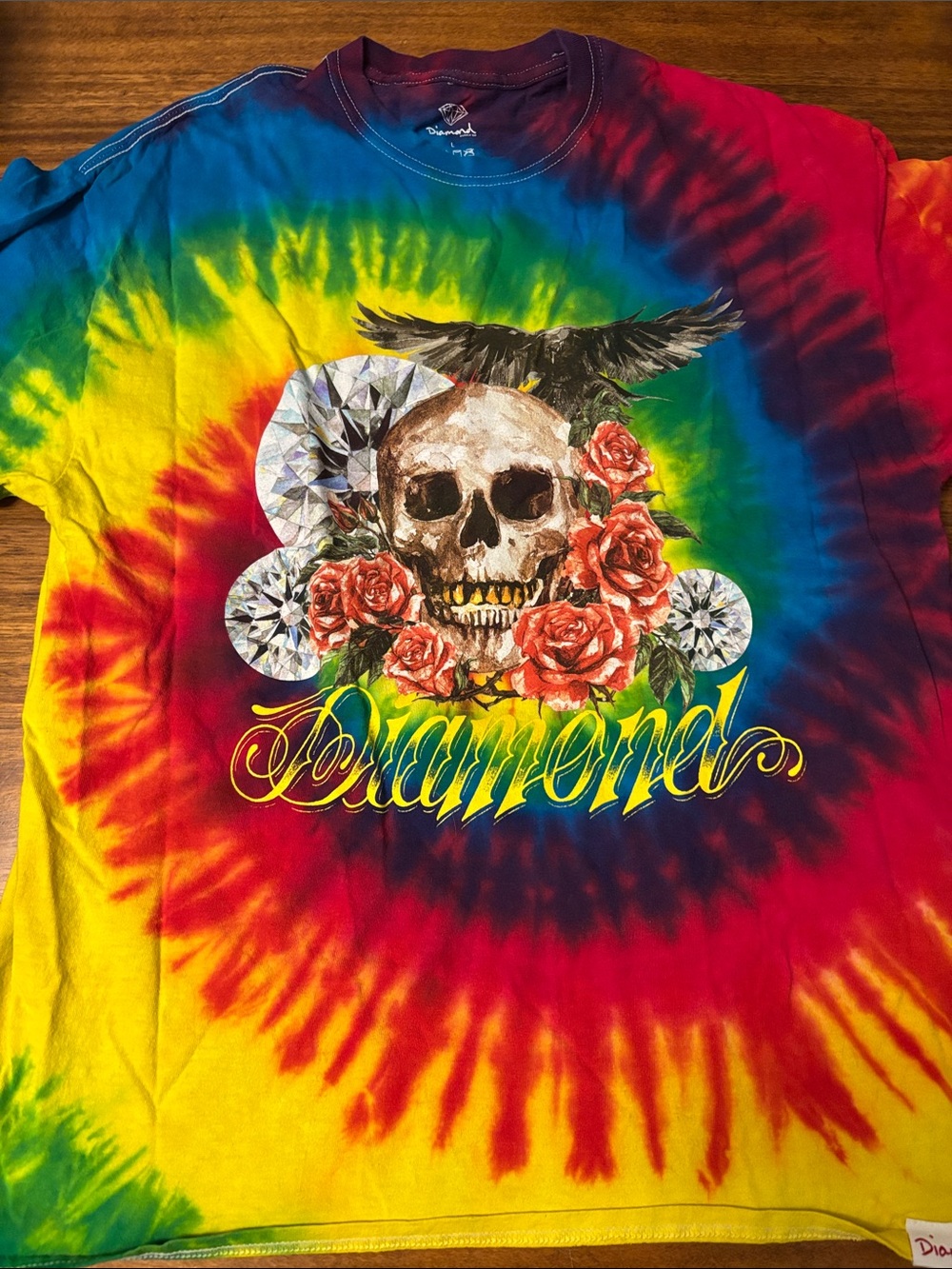 Diamond Supply Co. Tie-Dye Skull & Rose Graphic Tee - Red, Yellow, Blue, Green L